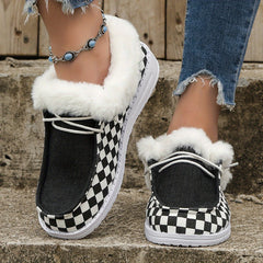Plaid Pattern Thickened Warm Walking Shoes Lightweight Low Top Sport Flat Shoes