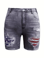 Denim & Flag Print Stretch Shorts