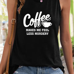Coffee Print Sleeveless Sports Vest Round Neck Stretchy Casual Tops