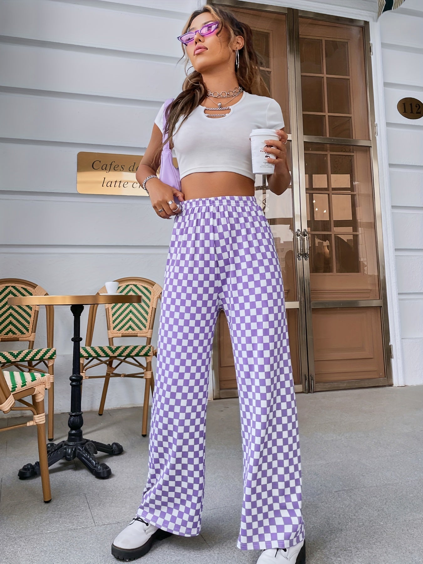 Y2K Checkered Print High Waist Pants for Women
