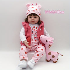 19" 48cm Soft Vinyl Reborn Doll Baby Girl Hairwig Pink Clothes Plush Giraffe Toy