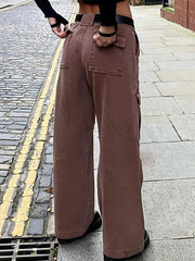 Dark Brown High Waist Wide Leg Cargo Denim Pants