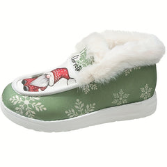 Christmas Snowflake Snowman Print Plush Lined Furry Boat Shoes
