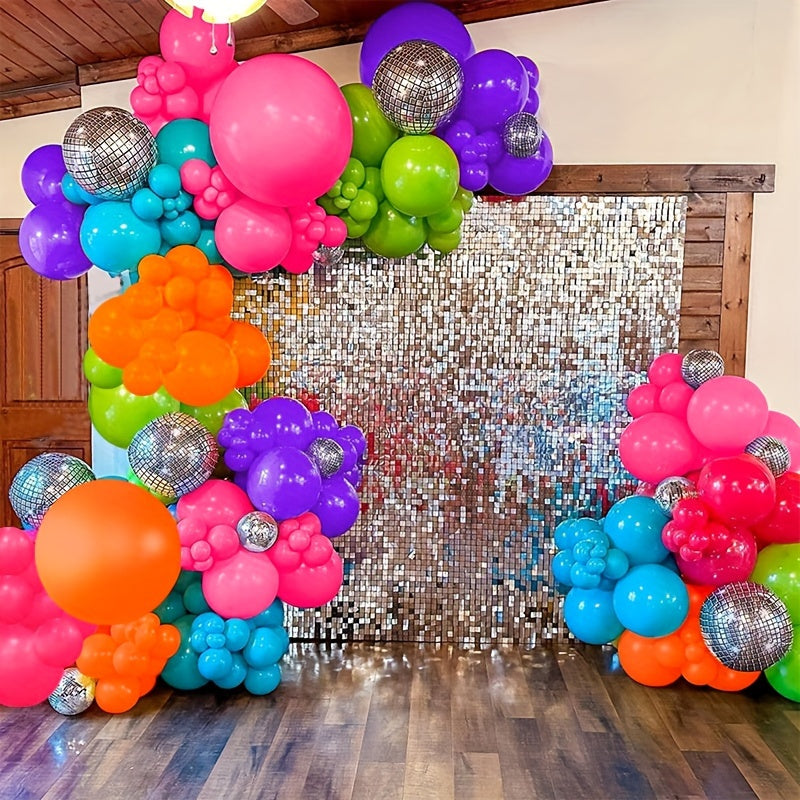 113pcs Disco 4D Aluminum Film Balloon Garland Set Purple Green Orange
