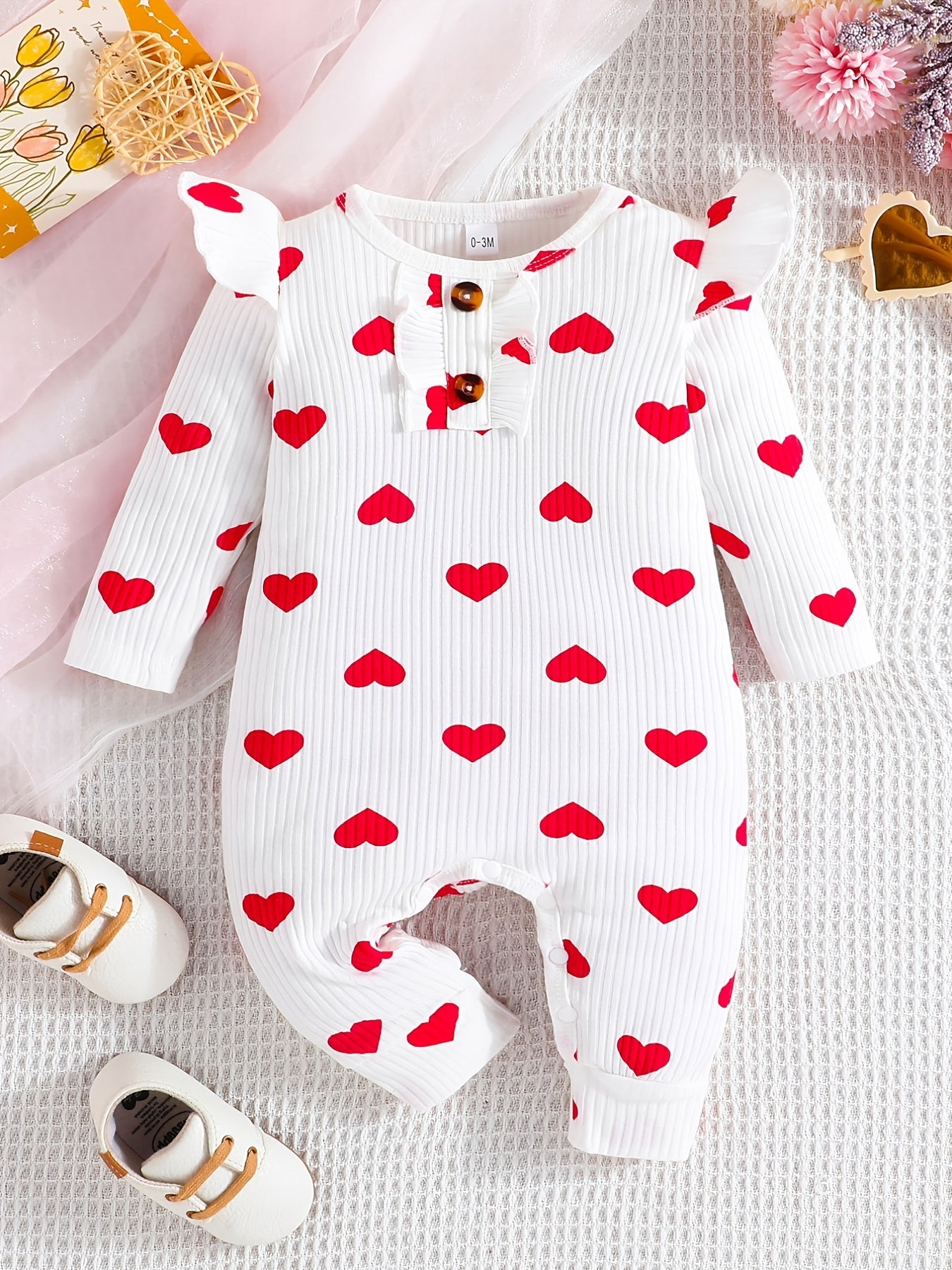 Baby Girls Floral Fruit Heart Print Ruffle Trim Romper Jumpsuit