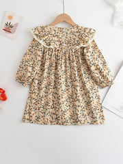 Toddler Girls Long Puff Sleeve Ruffle Trim Floral Princess Dress