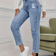 High Waist Distressed Denim Pants Women's Jeans