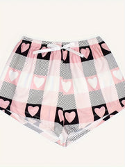 Heart Print Sleep Bottoms Comfy Bow Tie Shorts Women's Sleepwear