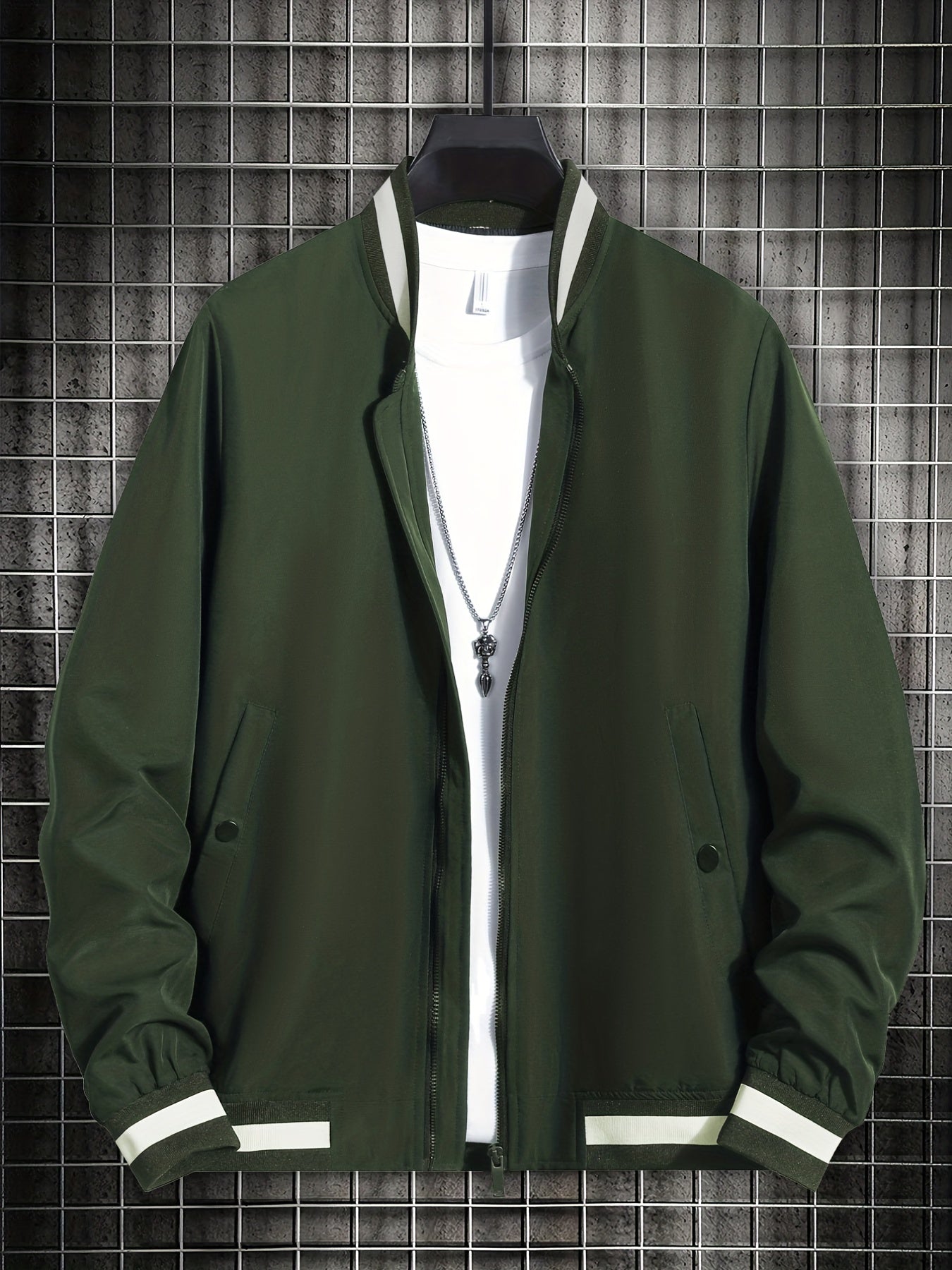 Men's Solid Stand Collar Zip Up Jacket for Spring Fall