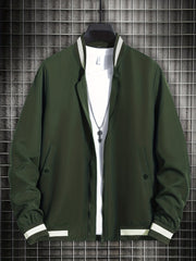 Men's Solid Stand Collar Zip Up Jacket for Spring Fall