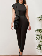 Ruffle Trim Sleeveless Jumpsuit Casual Solid Bodycon Jumpsuit
