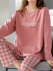 Letter Print Pajama Set Crew Neck Top & Plaid Pants Sleepwear