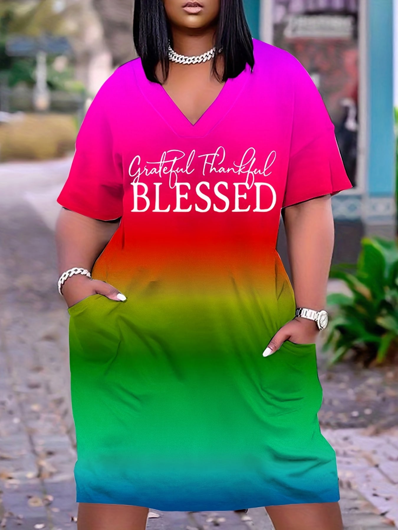 Women's Ombre & Letter Print V Neck Dress With Pockets