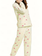 Heart Print Pajama Set Long Sleeve Crew Neck Top & Elastic Waistband Pants