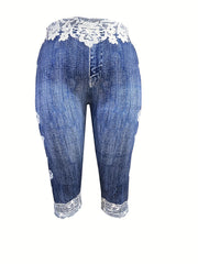 Denim & Butterfly Print Skinny Capris Leggings for Women