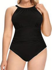 Sexy Swimsuit Solid Ruched Cut Out Back One Piece Bathing Suit
