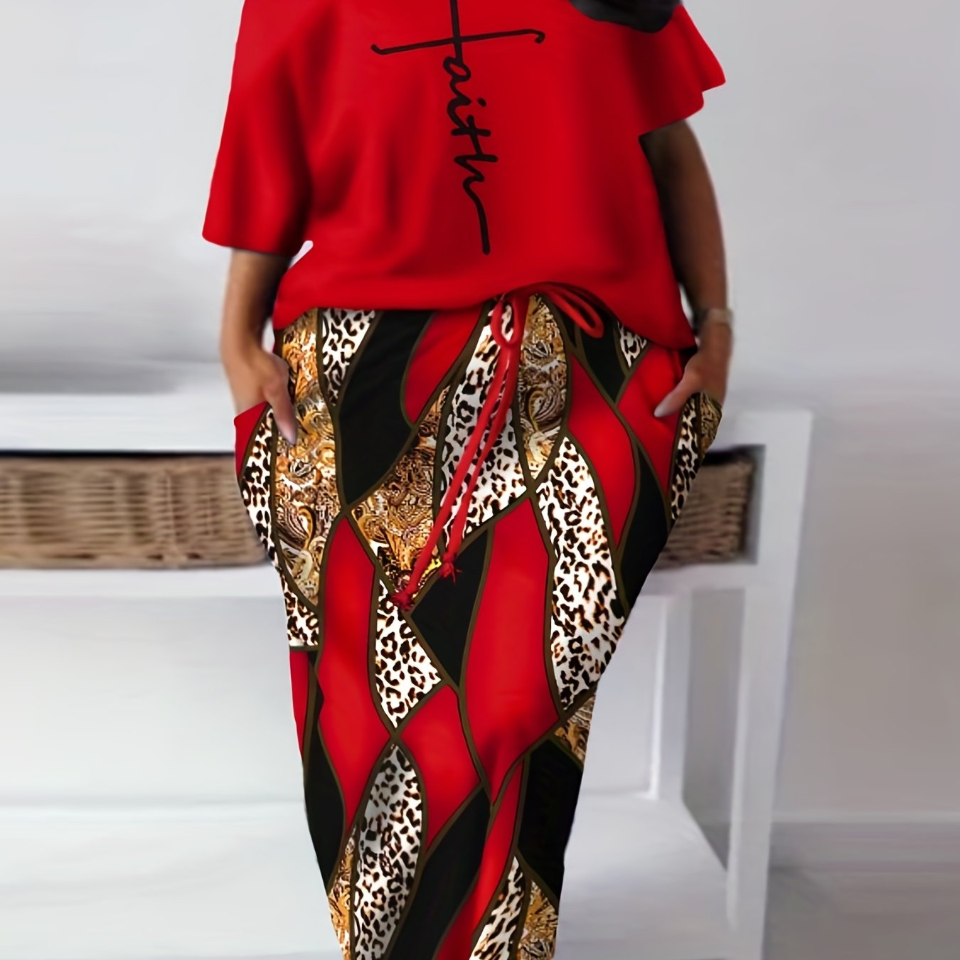 Faith Print Tops & Geo Print Skirts Set Women's Outfit