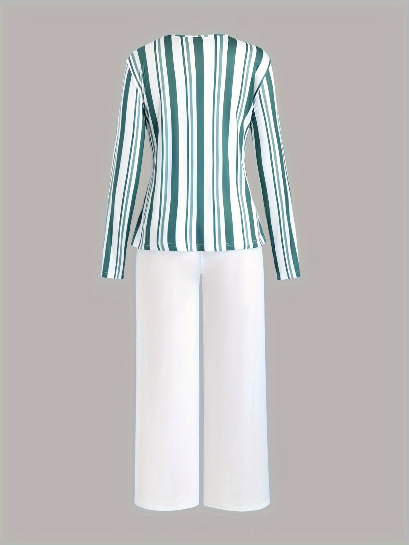 Casual Pajamas Set Women's Striped Print Tee & Solid Pants 2 Piece Set