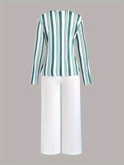 Casual Pajamas Set Women's Striped Print Tee & Solid Pants 2 Piece Set