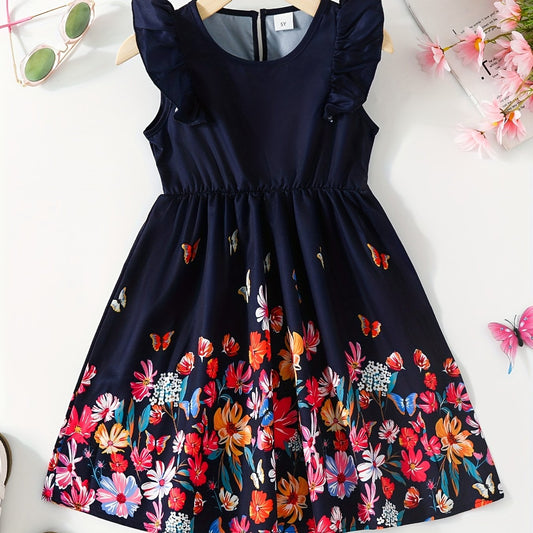 Girls Vibrant Butterflies & Flowers Print Skirt Elastic Waist Dress