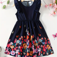 Girls Vibrant Butterflies & Flowers Print Skirt Elastic Waist Dress