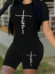 Faith Print Casual Two-piece Set Crew Neck Short Sleeve T-shirt & Bodycon Shorts