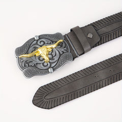 Vintage Embossed Golden Bull Head Plate Buckle Leather Belt