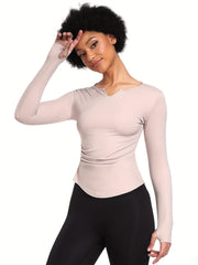 Solid V-Neck Long Sleeve Yoga Top