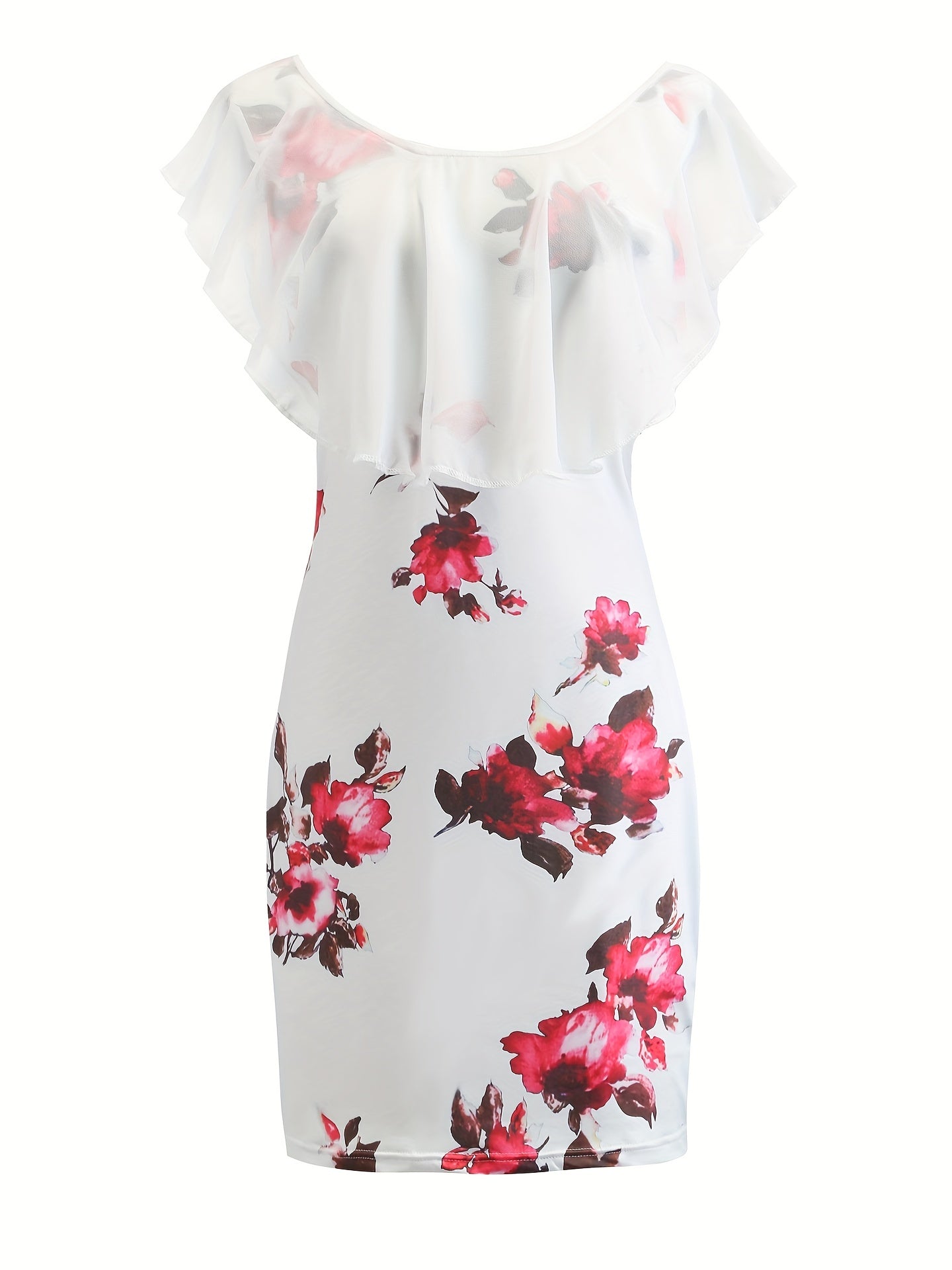Floral Print Ruffle Trim Dress Short Sleeve Scoop Neck Bodycon Mini Dress