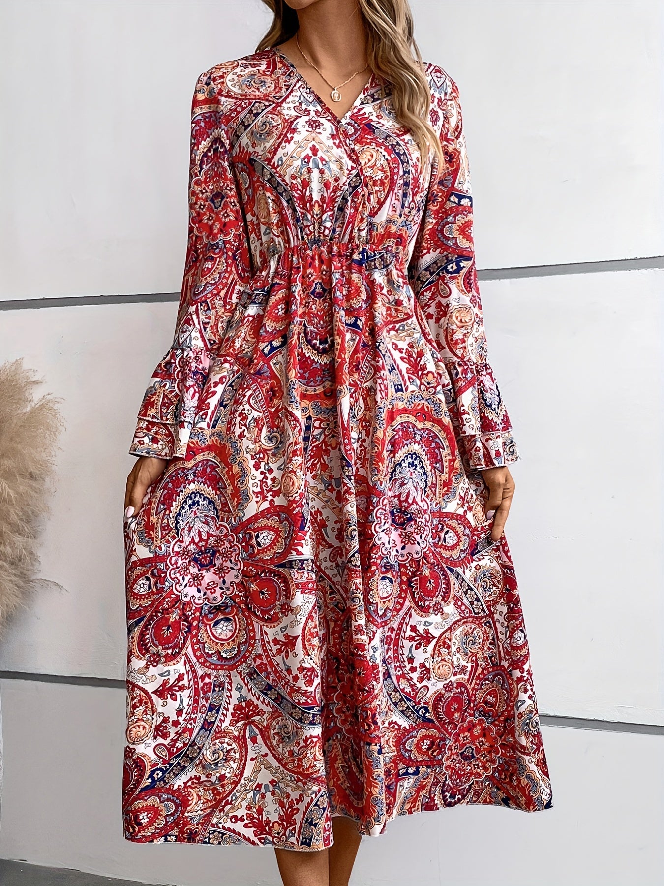 Ethnic Print Midi Dress Boho V Neck Layered Long Sleeve Dress