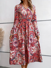 Ethnic Print Midi Dress Boho V Neck Layered Long Sleeve Dress