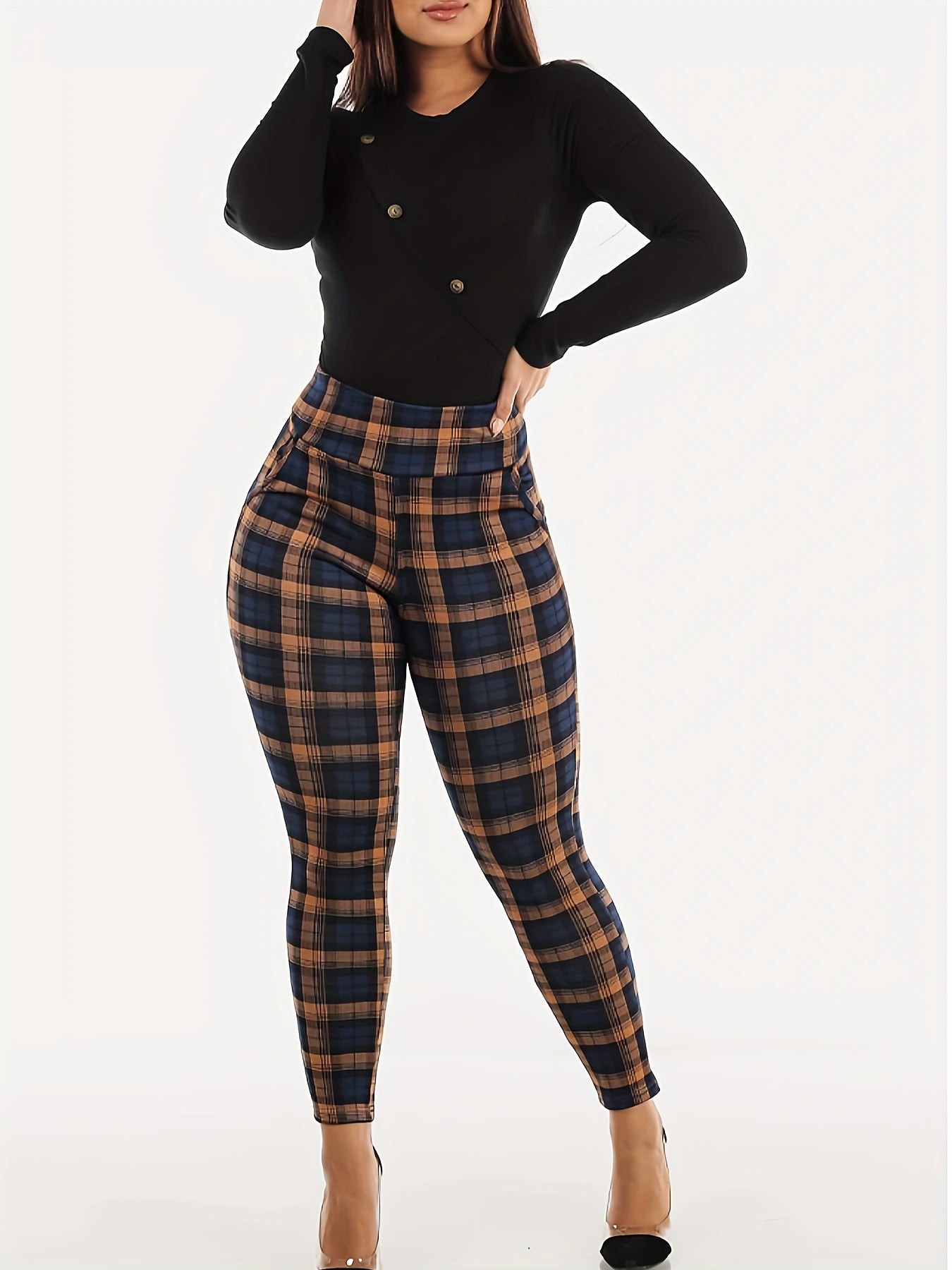 Women's Plus Plaid Print High Rise Skinny Leggings