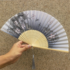 Floral Handheld Fan Chinese Style Folding Fan Silky Bamboo Tassel