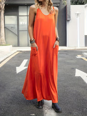 Solid V Neck Stretch Maxi Tank Dress With Pockets
