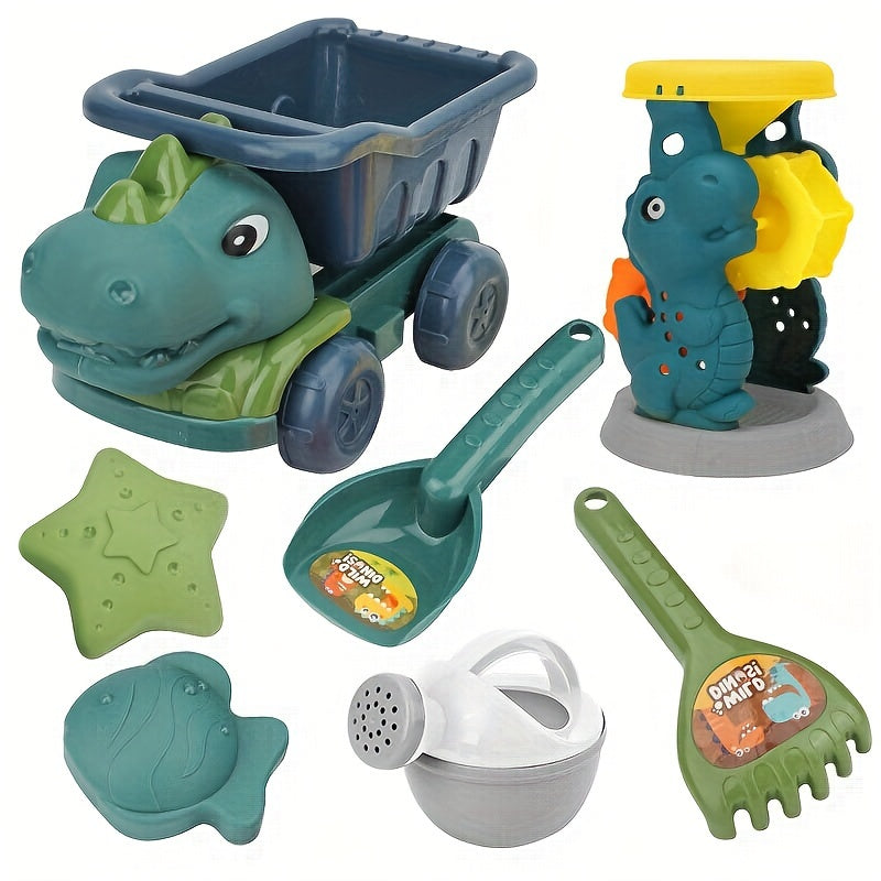 7pcs Dinosaur Beach Toy Set Dump Truck Watering Can Shovel Rake Sand Molds
