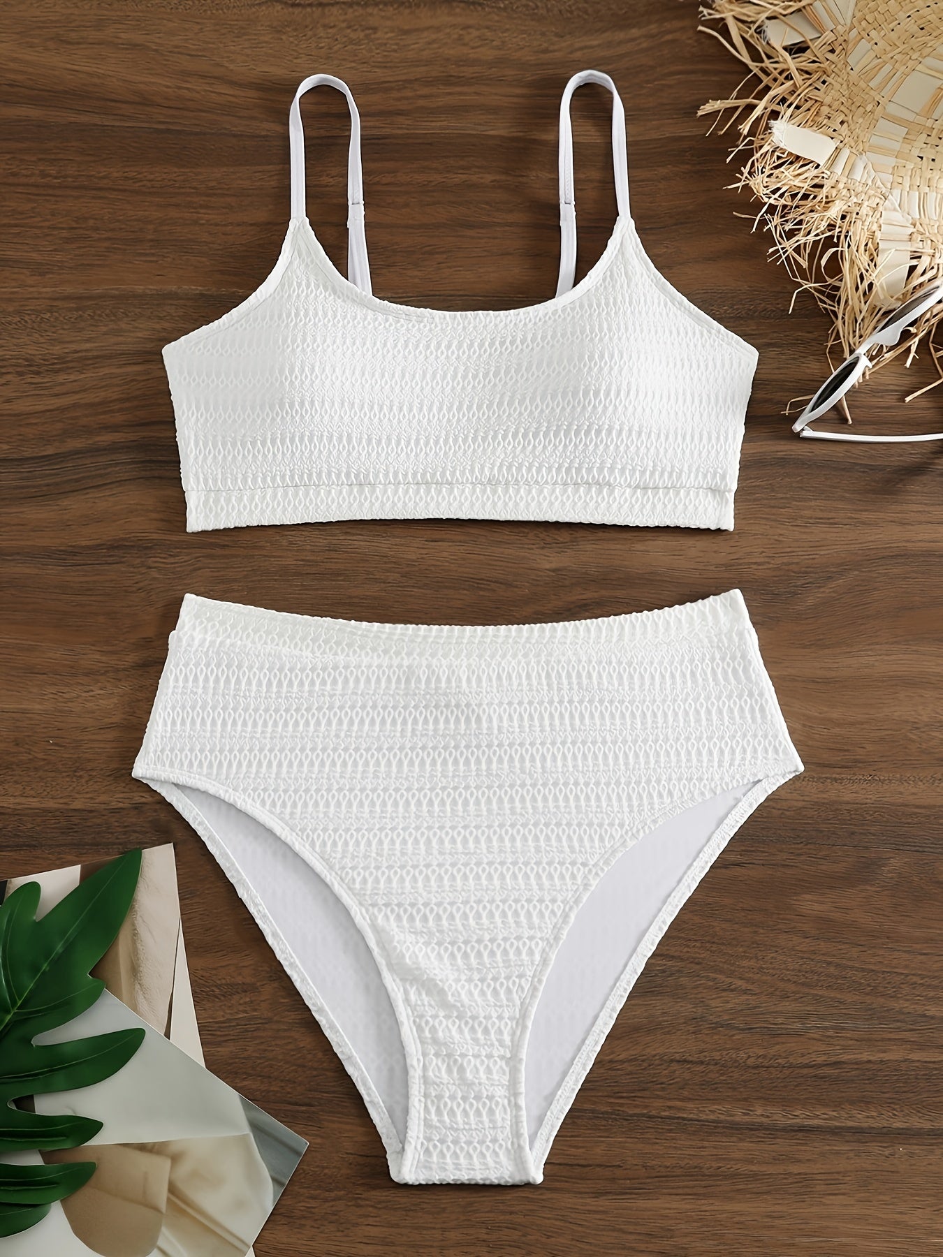 Textured Bikini Set Women's Padded Bra & High Rise Panty Swimsuit