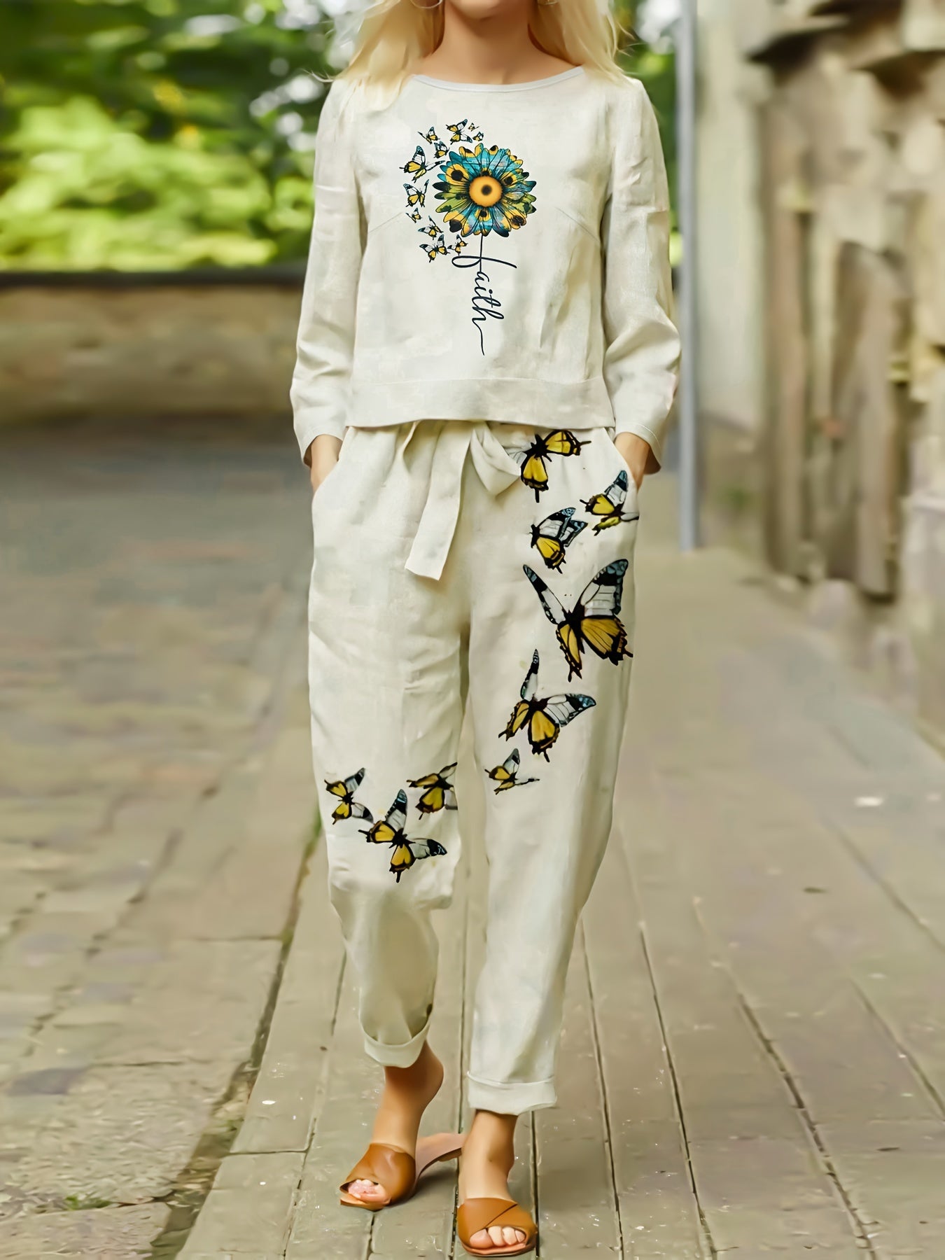 Butterfly & Sunflower Print Two Piece Set
