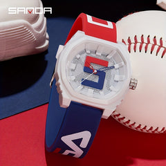 Sanda Large Digital Watch Red Strap Waterproof 24 Hour Stopwatch Rubber Sports
