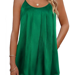 Solid Pleated Cami Top Sleeveless Crew Neck Summer Top Women's Clothing