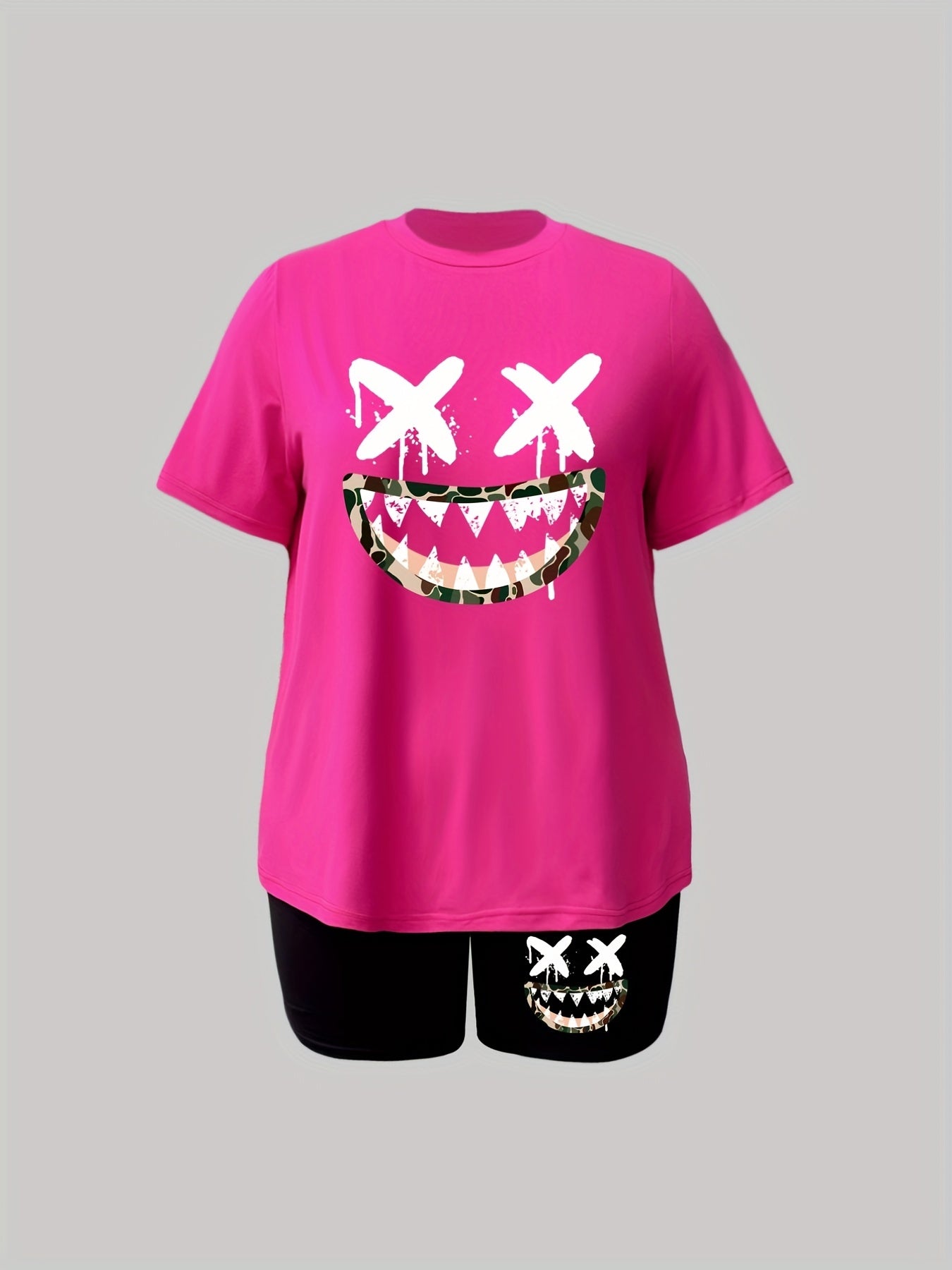 Women's Plus Funny Face Print Two Piece Set