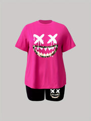 Women's Plus Funny Face Print Two Piece Set