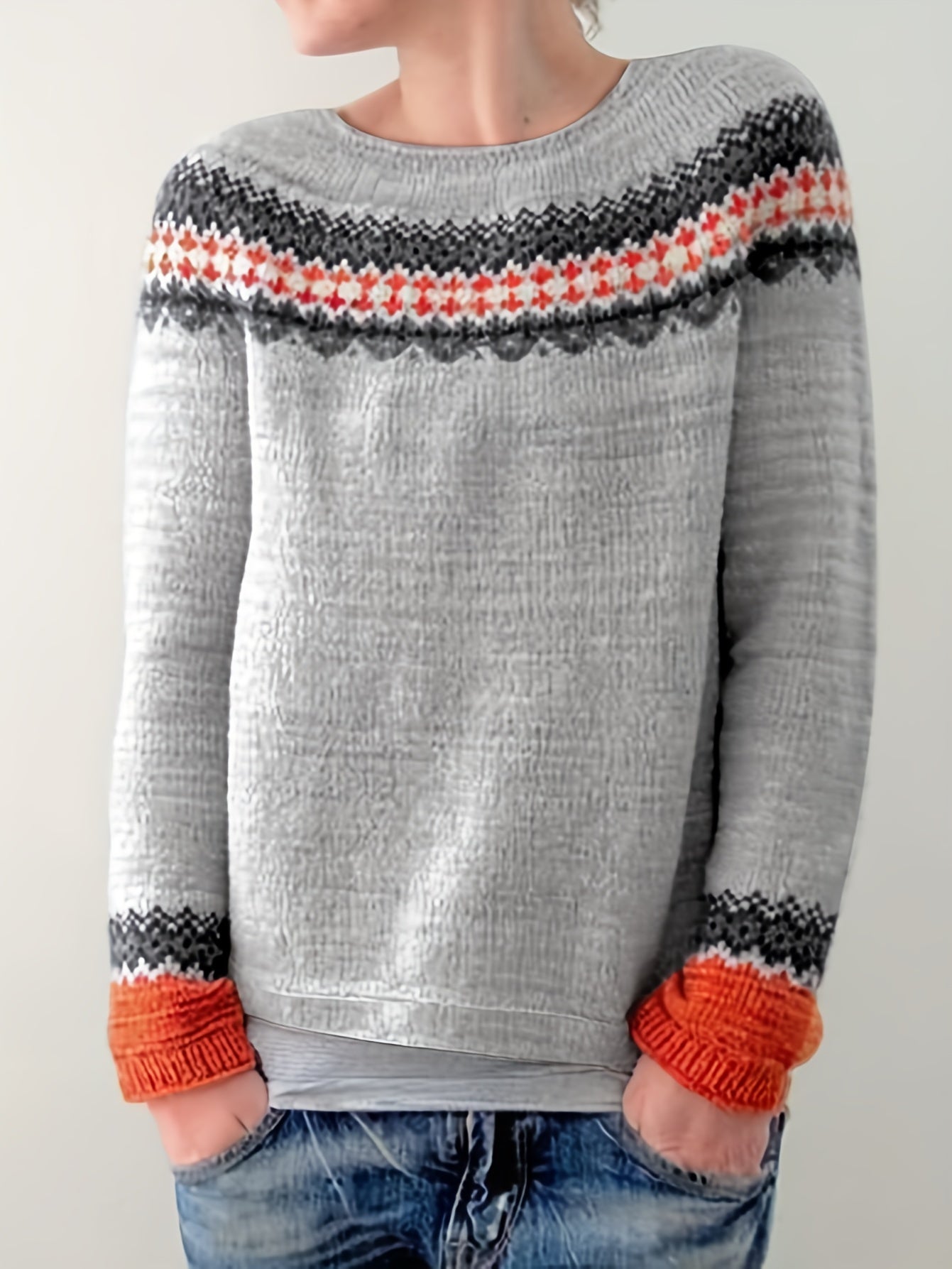 Block Crew Neck Pullover Sweater Long Sleeve Casual Knitwear