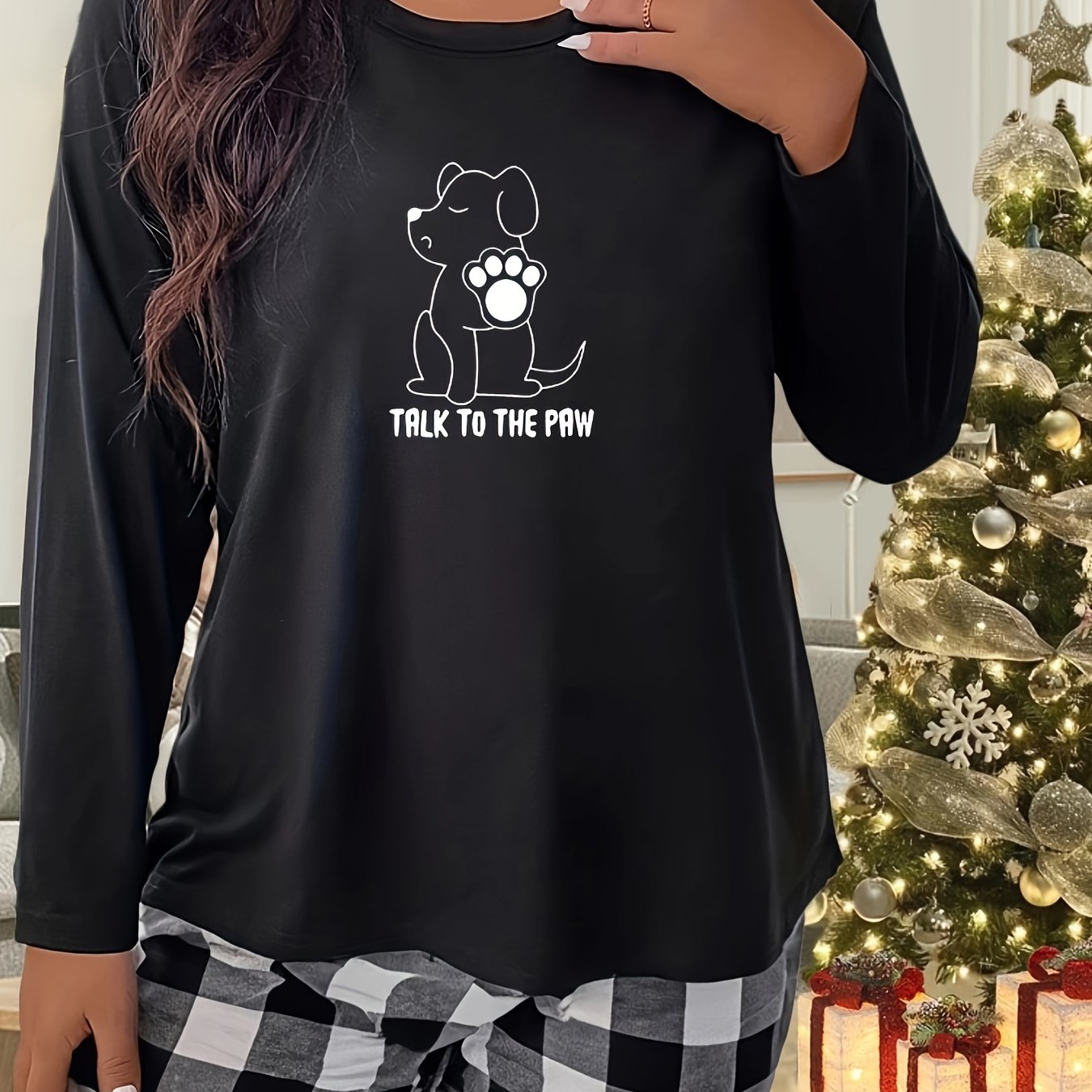 Puppy Graphic Long Sleeve Crew Neck Stretch Home Wear Tee