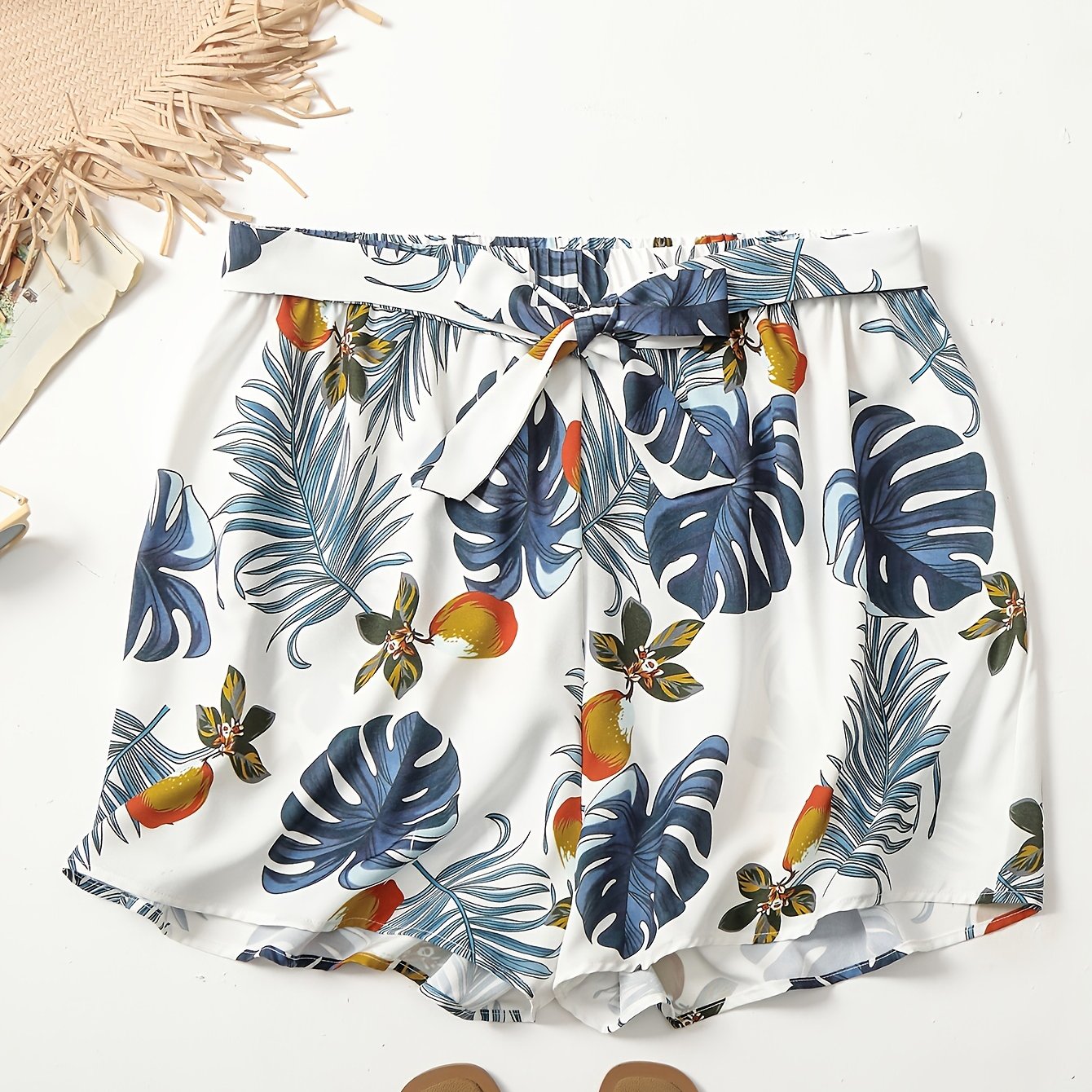 Tropical Print Elastic Waist Beach Shorts With Belt