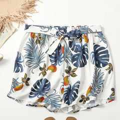 Tropical Print Elastic Waist Beach Shorts With Belt