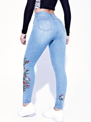 Floral Embroidery Ripped Skinny Jeans High Waist Stretchy Slim