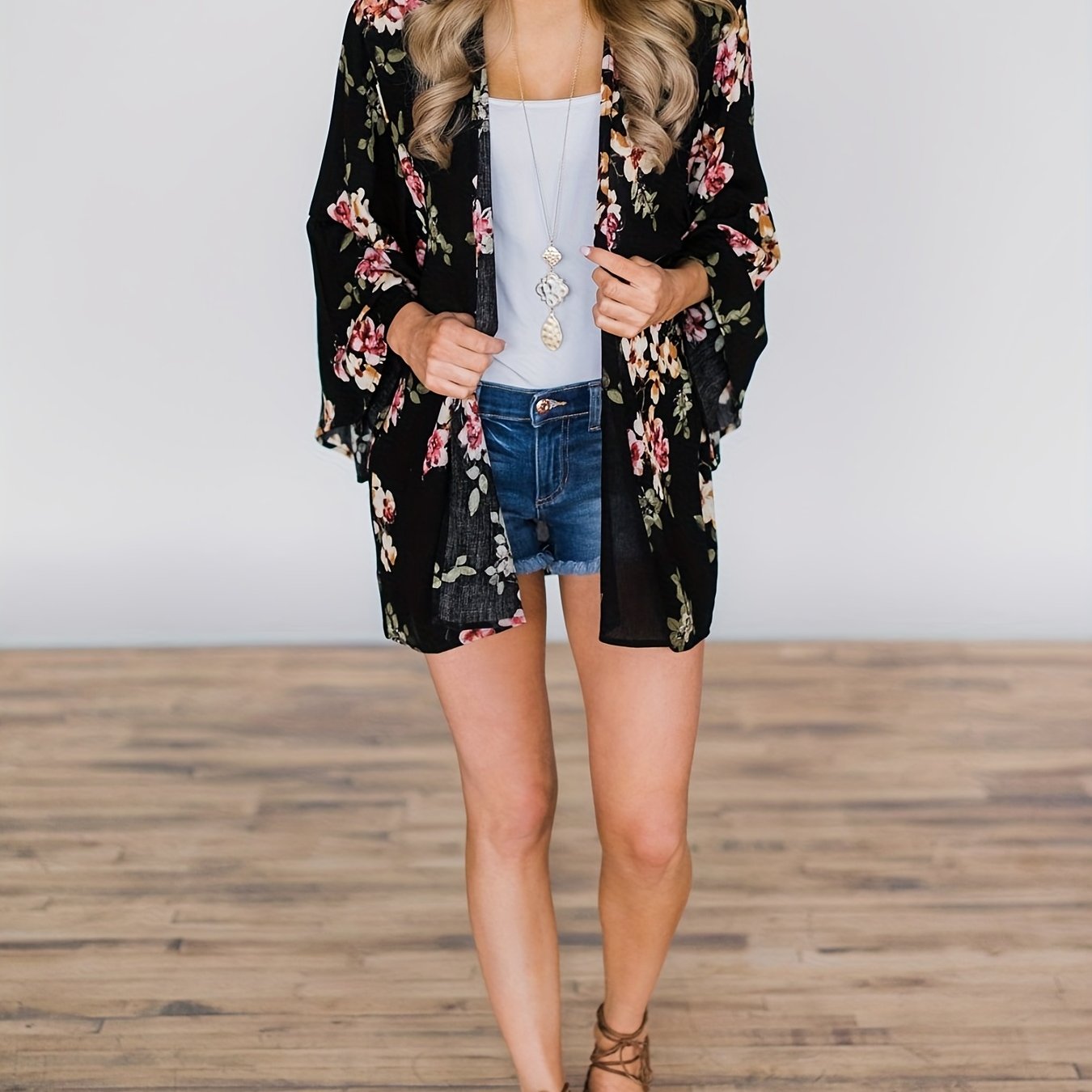 Floral Print Cover Up Shirt Long Sleeves Loose Fit V Neck Semi Sheer Kimono