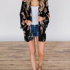 Floral Print Cover Up Shirt Long Sleeves Loose Fit V Neck Semi Sheer Kimono