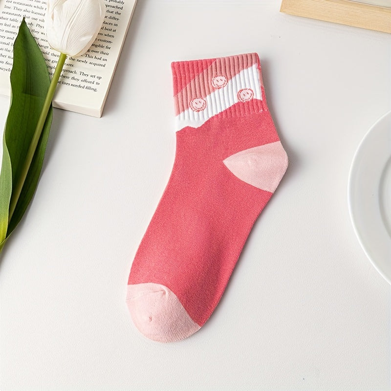 3 Pairs Smiling & Letter Print Women's Crew Socks