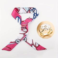 2pcs Skinny Scarf & Ring Set Rose Red Ribbon Twilly Scarf & Faux Pearl Camellia